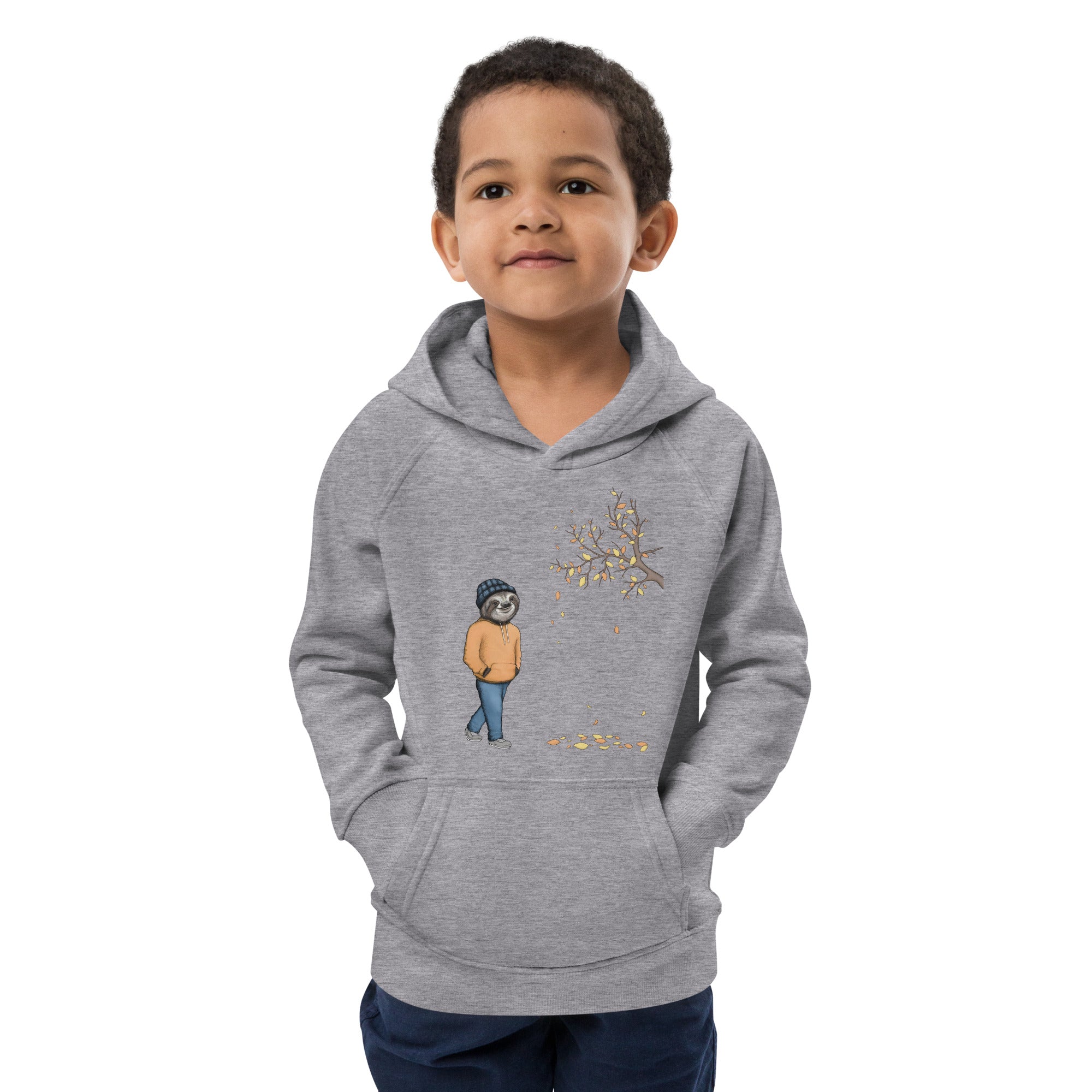 Kids Sloth Organic Cotton Hoodie In Navy and Grey