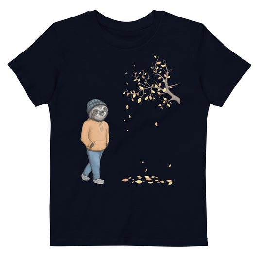 Kids Organic Cotton Sloth T-Shirt - An Autumnal Walk in Navy